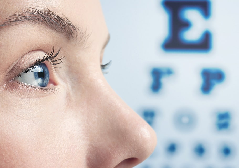 A close up view of a woman's eyes and face, and you can see a Snellen eye chart in the background that is a little blurry