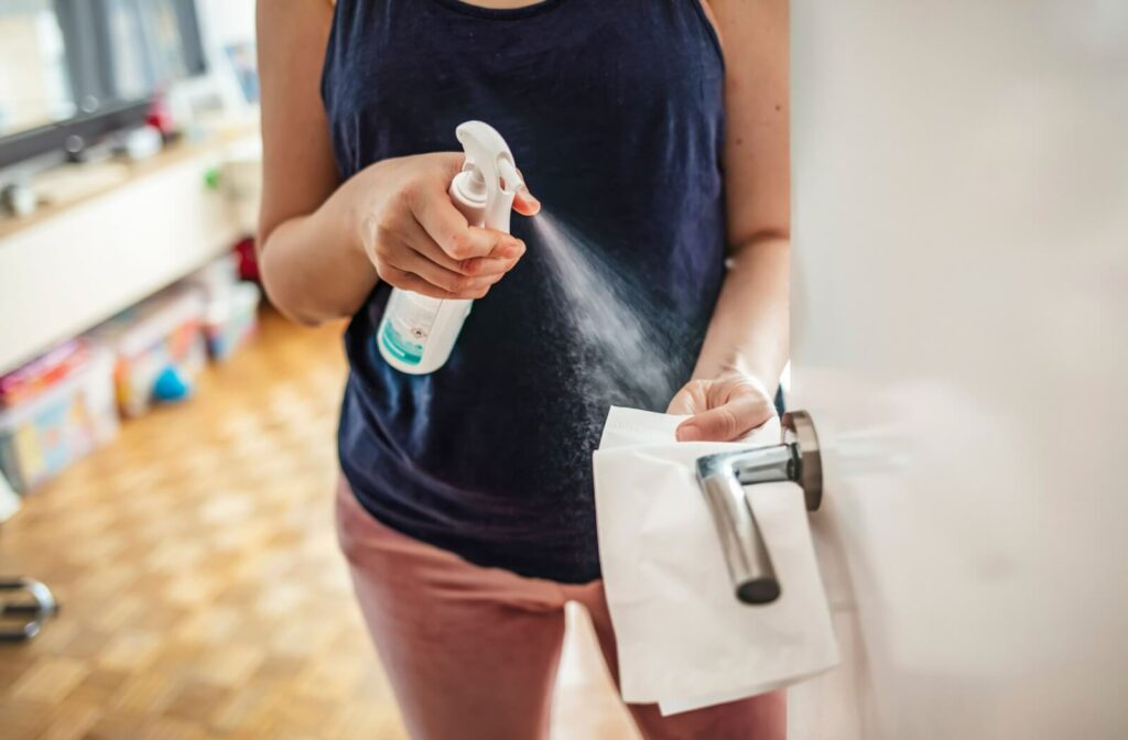 A parent sprays a cleaning solution on a doorknob to remove the pink eye virus from high-touch surfaces in the home.