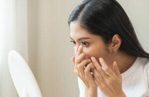Woman inserting a contact lens while looking in a mirror.
