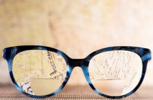 A pair of bifocal eyeglasses resting in front of handwritten notes, showing the difference between the distant and near focal points.