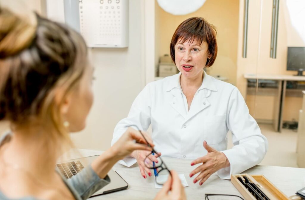 Following their patient's eye exam, an optometrist explains that it might be time to explore multifocal eyeglasses.