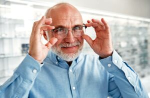 A mature patient fixes their eyeglasses, which corrects their refractive error, allowing them to enjoy clear vision.