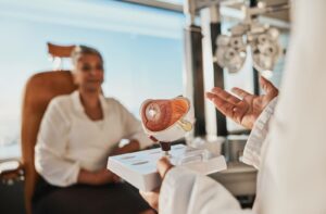 An eye doctor uses an anatomical eye model to explain how the eye's shape affects visual clarity during their patient's eye exam.