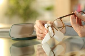 A person carefully cleans their eyeglasses with a microfibre cloth before storing them away in the lens case.