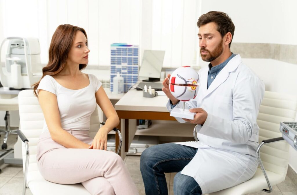 An optometrist uses a model to explain how dilated eye drops affect the eyes, to prepare a patient for their upcoming exam.