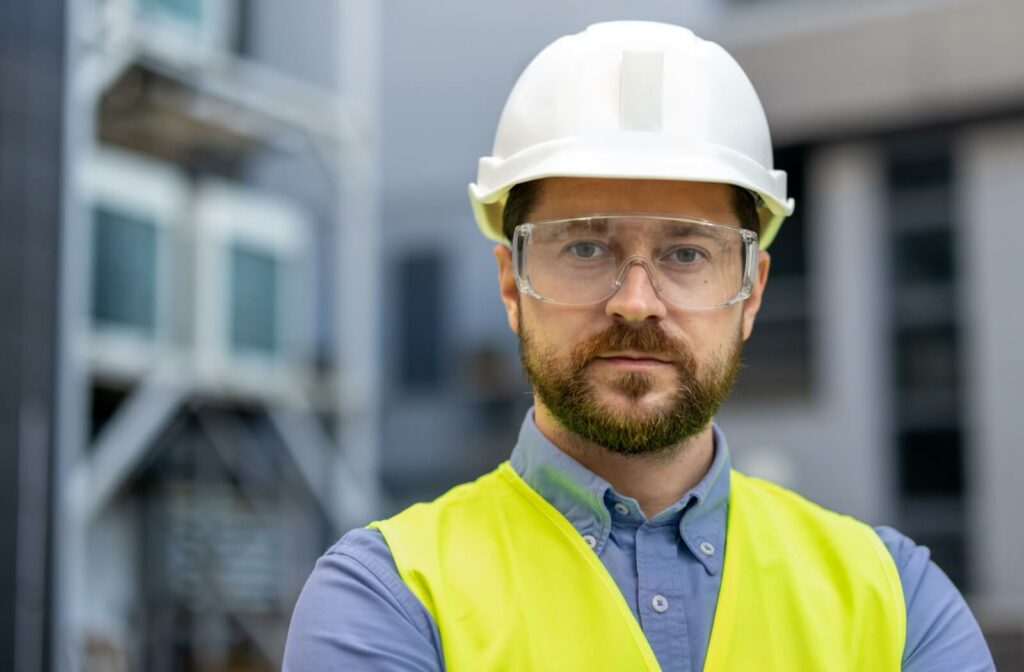 Construction worker wearing a hard hat, safety glasses, and a high-visibility vest.