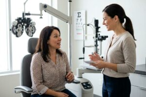 Optometrist holding a notepad talks with a seated patient in an eye exam room with phoropter and eye chart.