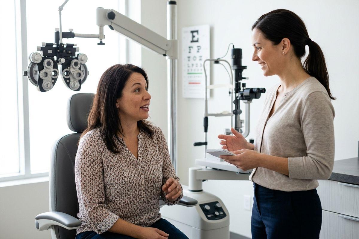 Optometrist holding a notepad talks with a seated patient in an eye exam room with phoropter and eye chart.