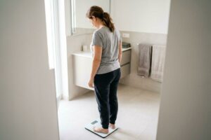 Person standing barefoot on a bathroom scale, looking down at it.