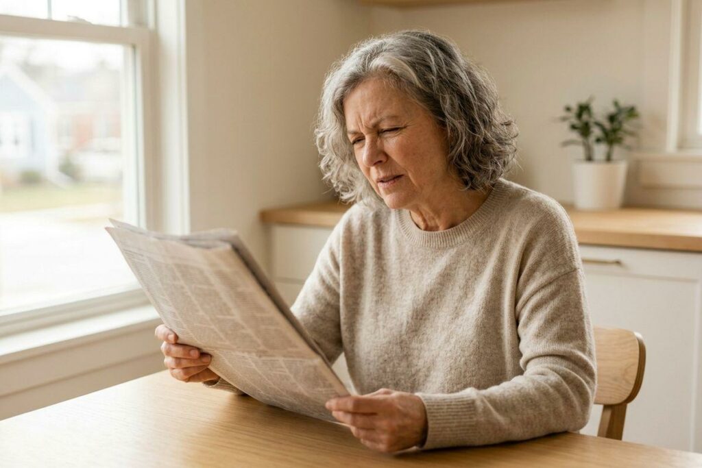 Older adult with grey hair squinting while holding a newspaper at arm's length at a kitchen table by a window.