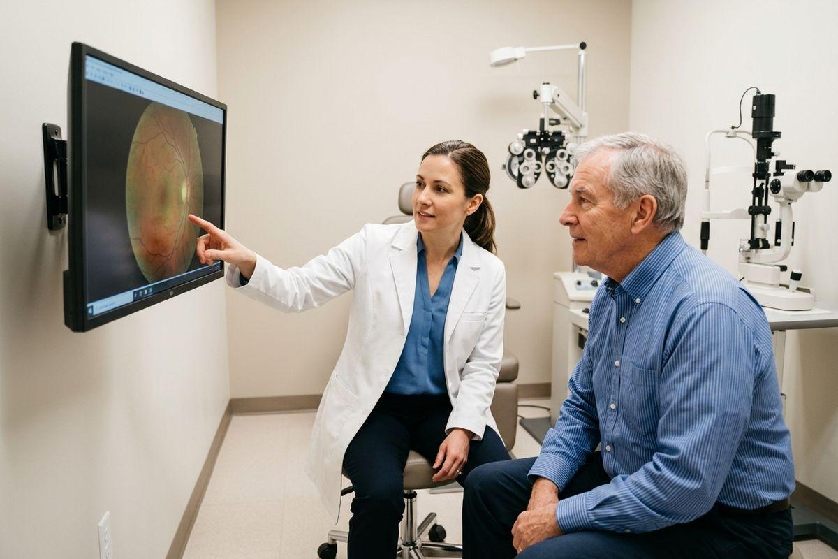 Optometrist points to a retinal scan on a wall-mounted screen while an older patient looks on in an eye exam room with a phoropter and slit lamp.