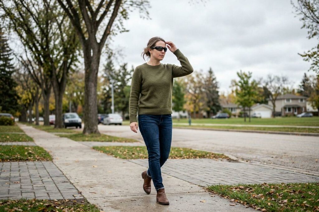Person in green sweater and sunglasses walking on a suburban sidewalk lined with autumn trees, adjusting their glasses.