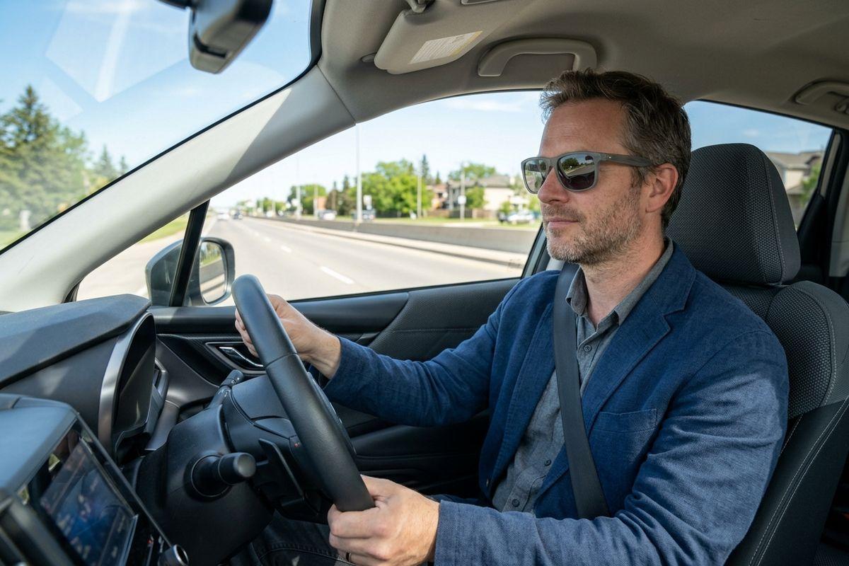 Person in sunglasses and blue jacket driving a car on a road, hands on the steering wheel, seatbelt fastened.