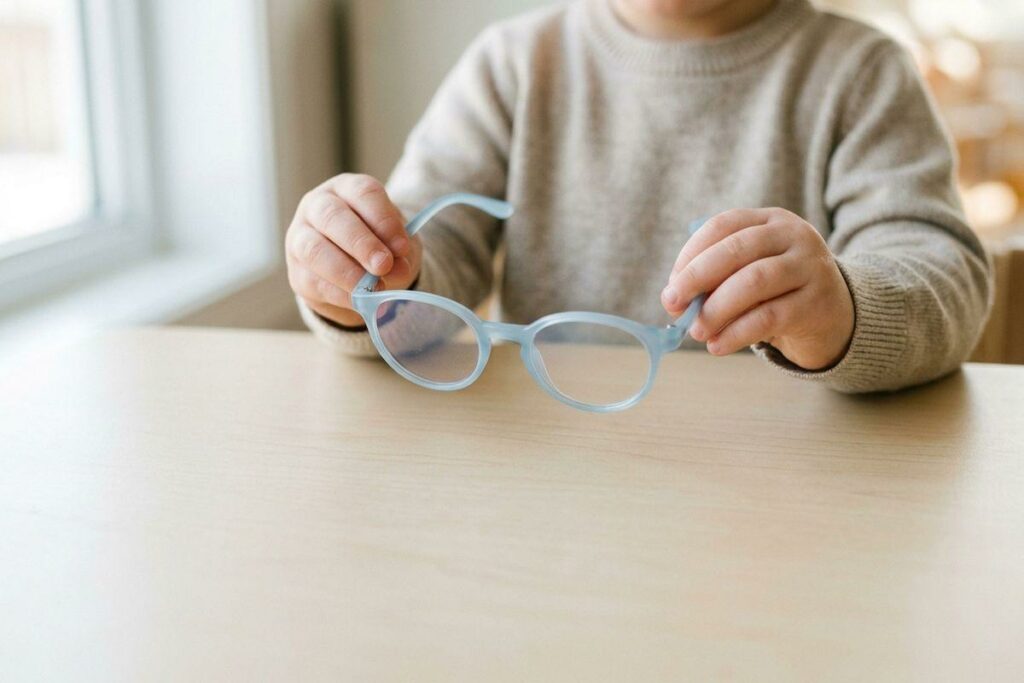 Child in a beige sweater holds pale blue round eyeglasses with both hands at a light wooden table near a window.