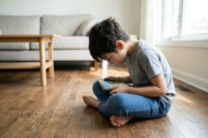 Child sitting cross-legged on a wooden living room floor, looking down at a tablet, with a sofa and coffee table behind.