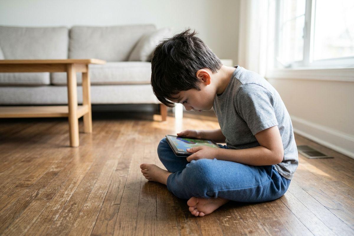 Child sitting cross-legged on a wooden living room floor, looking down at a tablet, with a sofa and coffee table behind.