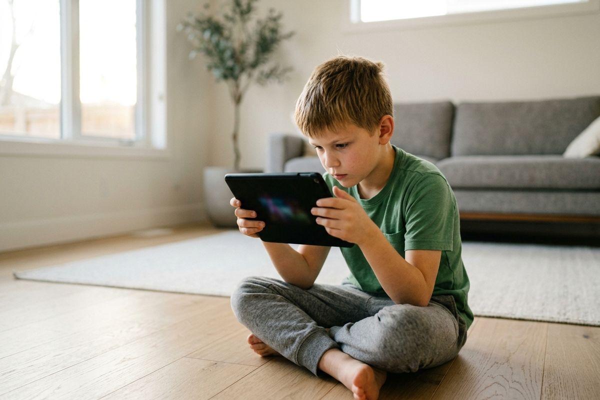 Child sitting cross-legged on a living room floor, holding a tablet close to their face with a focused expression.