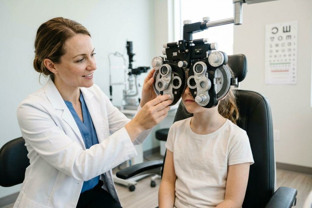 Smiling optometrist adjusts a phoropter in front of a child seated in an exam chair, with an eye chart on the wall behind.